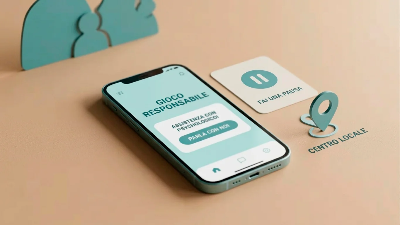 Percorso di aiuto con telefono, pausa e supporto rappresentati in modo rassicurante